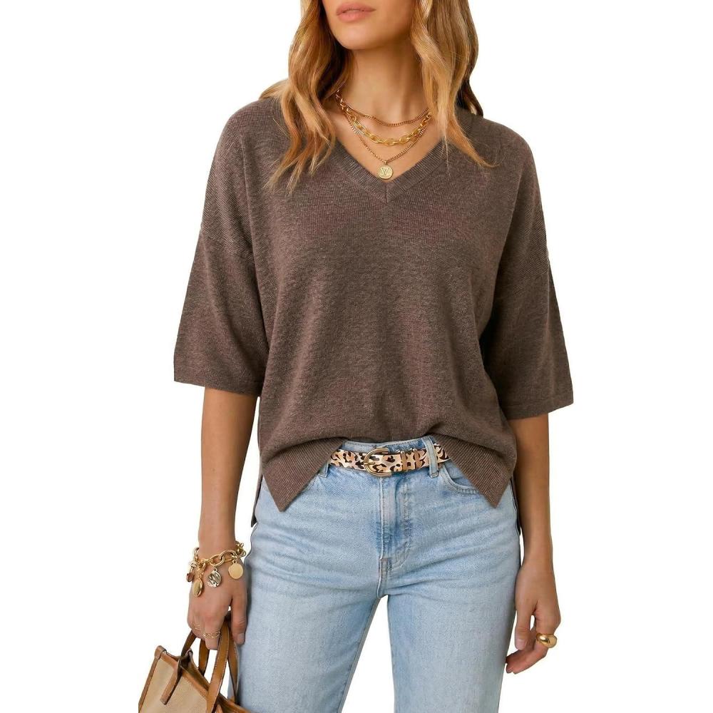 image:imageArachampCloz Womens Wool Blend Elbow Sleeve Summer Oversized Casual SweaterCoffee