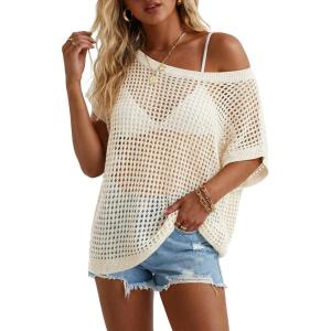 Arach&Cloz Women’s Cotton Blend Crochet Cover Up Oversized Short Sleeve Mesh Casual Knit Beach Summer 2026(Beige)