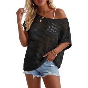 Arach&Cloz Women’s Cotton Blend Crochet Cover Up Oversized Short Sleeve Mesh Casual Knit Beach Summer 2026(Black)