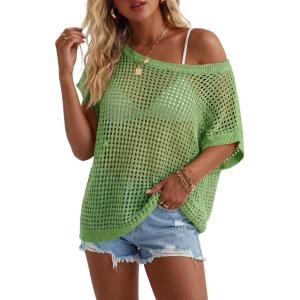 Arach&Cloz Women’s Cotton Blend Crochet Cover Up Oversized Short Sleeve Mesh Casual Knit Beach Summer 2026(Green)