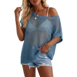 Arach&Cloz Women’s Cotton Blend Crochet Cover Up Oversized Short Sleeve Mesh Casual Knit Beach Summer 2026(Navy Blue)