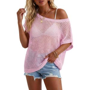 Arach&Cloz Women’s Cotton Blend Crochet Cover Up Oversized Short Sleeve Mesh Casual Knit Beach Summer 2026(Pink)