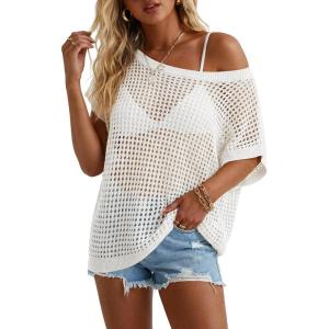 Arach&Cloz Women’s Cotton Blend Crochet Cover Up Oversized Short Sleeve Mesh Casual Knit Beach Summer 2026(White)