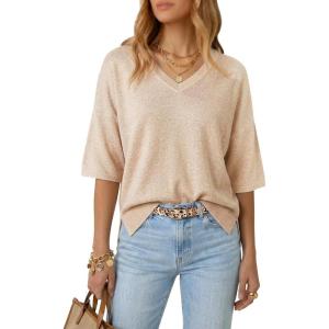 Arach&Cloz Women’s Wool Blend Elbow Sleeve Summer Oversized Casual Sweater(Apricot)