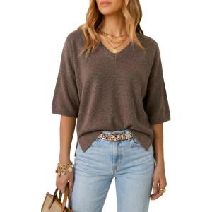 Arach&Cloz Women’s Wool Blend Elbow Sleeve Summer Oversized Casual Sweater(Coffee)