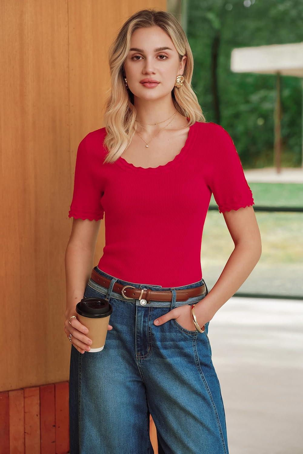 image:imageArachampCloz Womens 100 Cotton Short Sleeve Sweater Pullover Scoop Neck Lightweight Business Casual Outfits Spring Tops 2026Red