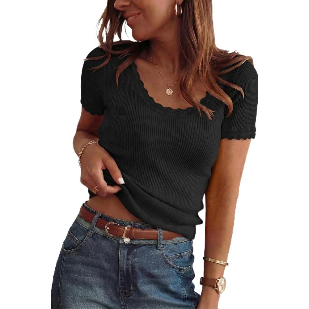 image:imageArachampCloz Womens 100 Cotton Short Sleeve Sweater Pullover Scoop Neck Lightweight Business Casual Outfits Spring Tops 2026Black