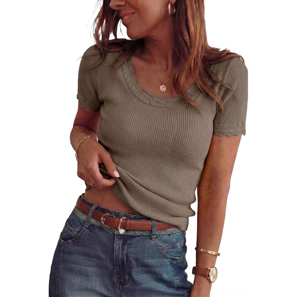image:imageArachampCloz Womens 100 Cotton Short Sleeve Sweater Pullover Scoop Neck Lightweight Business Casual Outfits Spring Tops 2026Coffee