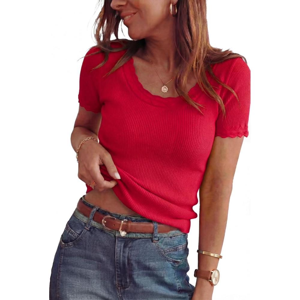 image:imageArachampCloz Womens 100 Cotton Short Sleeve Sweater Pullover Scoop Neck Lightweight Business Casual Outfits Spring Tops 2026Red