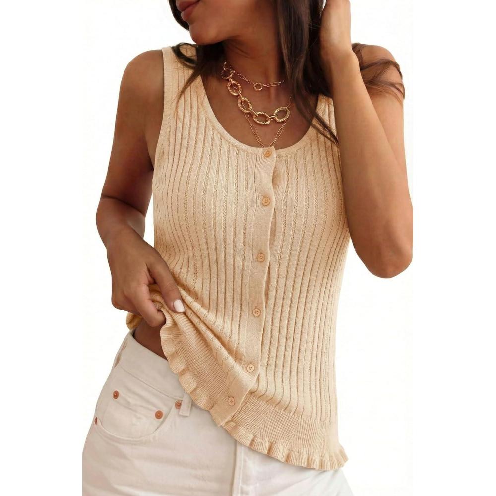 image:imageArachampCloz Womens 100 Cotton Sleeveless Tank Tops Sweater Vest Ruffle Beach Resort Cruise Wear Trendy Summer 2026Apricot