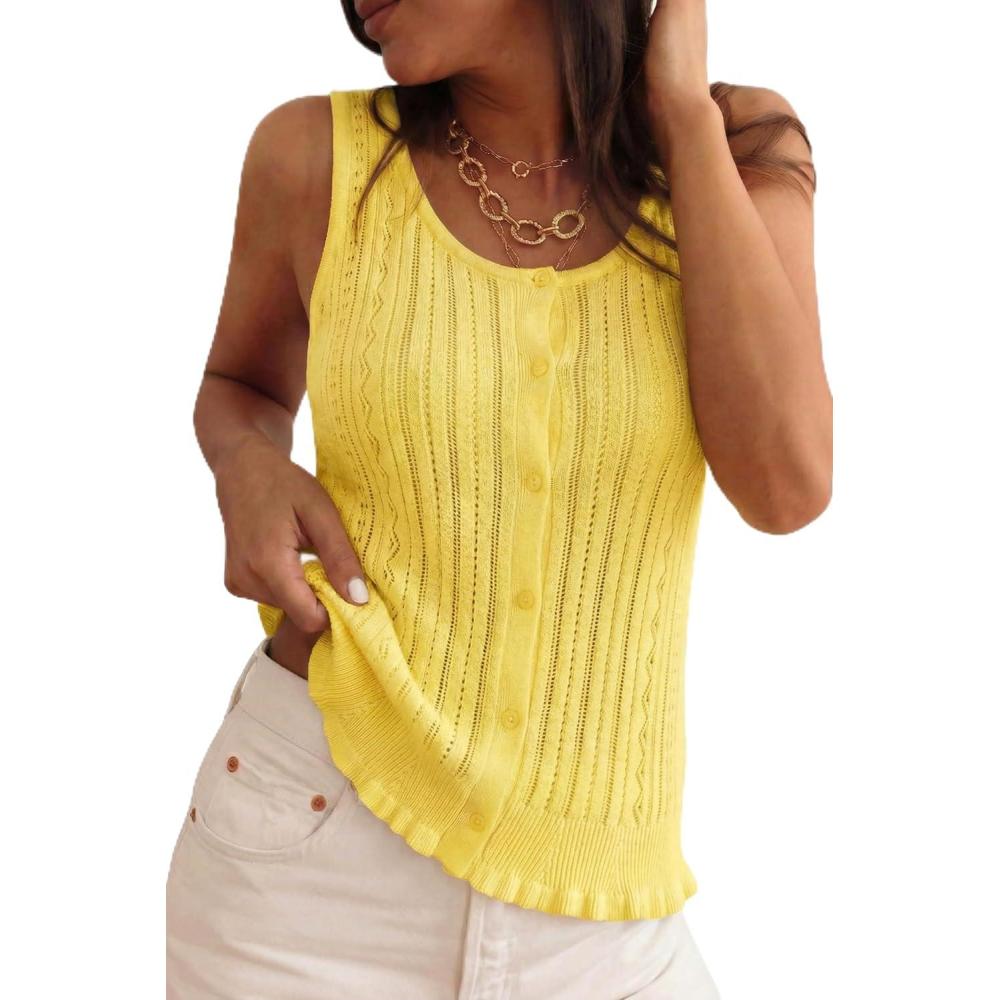 image:imageArachampCloz Womens 100 Cotton Sleeveless Tank Tops Sweater Vest Ruffle Beach Resort Cruise Wear Trendy Summer 2026Yellow