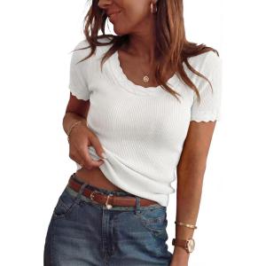 Arach&Cloz Women’s 100% Cotton Short Sleeve Sweater Pullover Scoop Neck Lightweight Business Casual Outfits Spring Tops 2026(Beige)