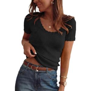 Arach&Cloz Women’s 100% Cotton Short Sleeve Sweater Pullover Scoop Neck Lightweight Business Casual Outfits Spring Tops 2026(Black)