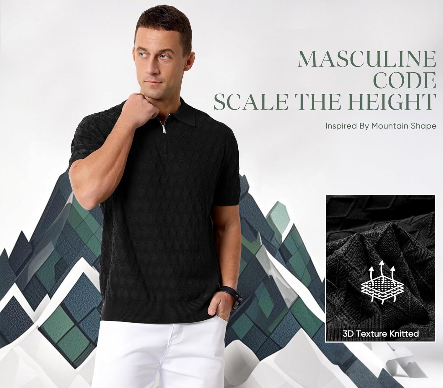 image:imageArachampCloz Mens Zipper Polo 3D Texture Shirts 2025 Spring Summer Fashion Knit Golf Tops Short Sleeve Dress ClothesBlack
