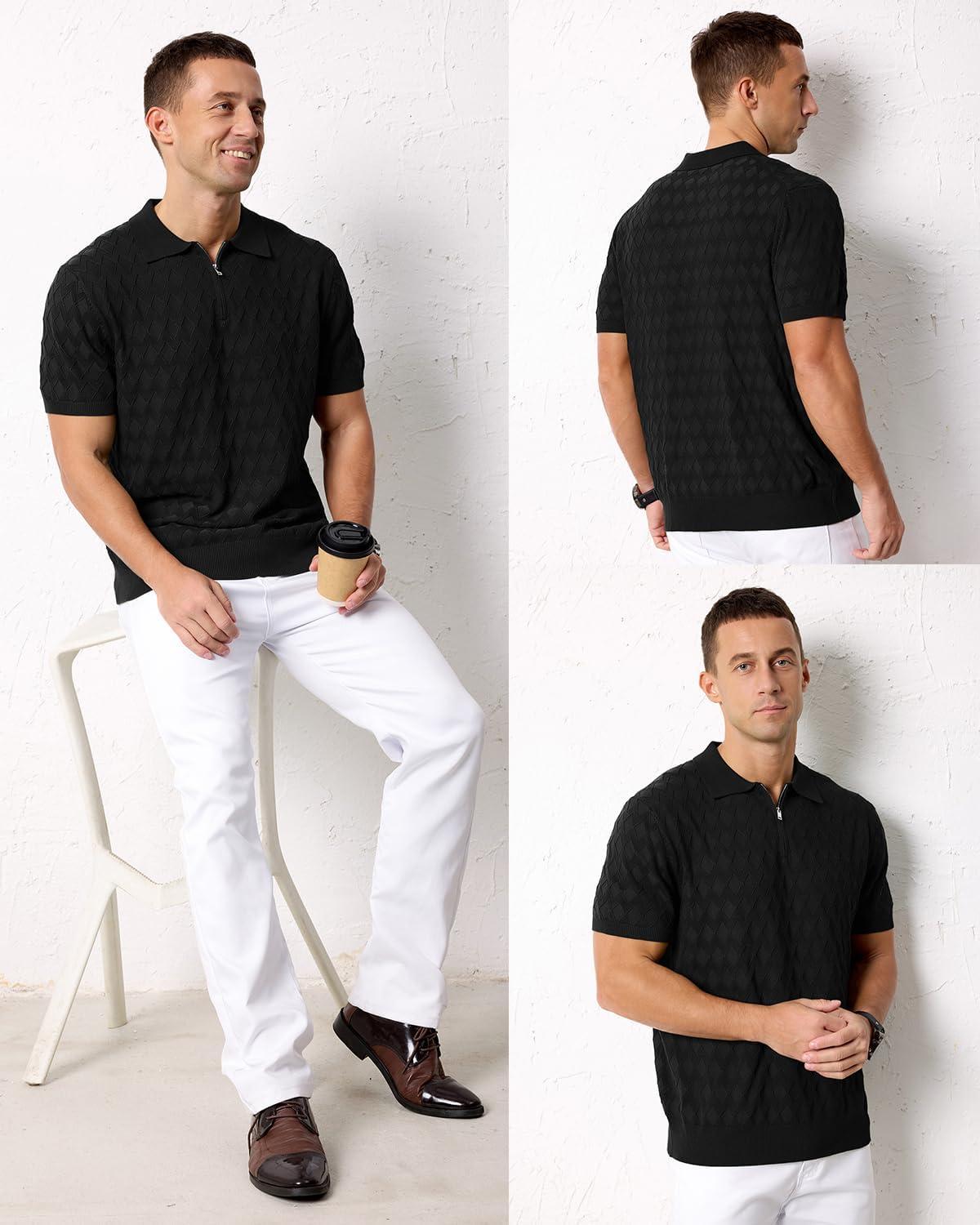 image:imageArachampCloz Mens Zipper Polo 3D Texture Shirts 2025 Spring Summer Fashion Knit Golf Tops Short Sleeve Dress ClothesBlack
