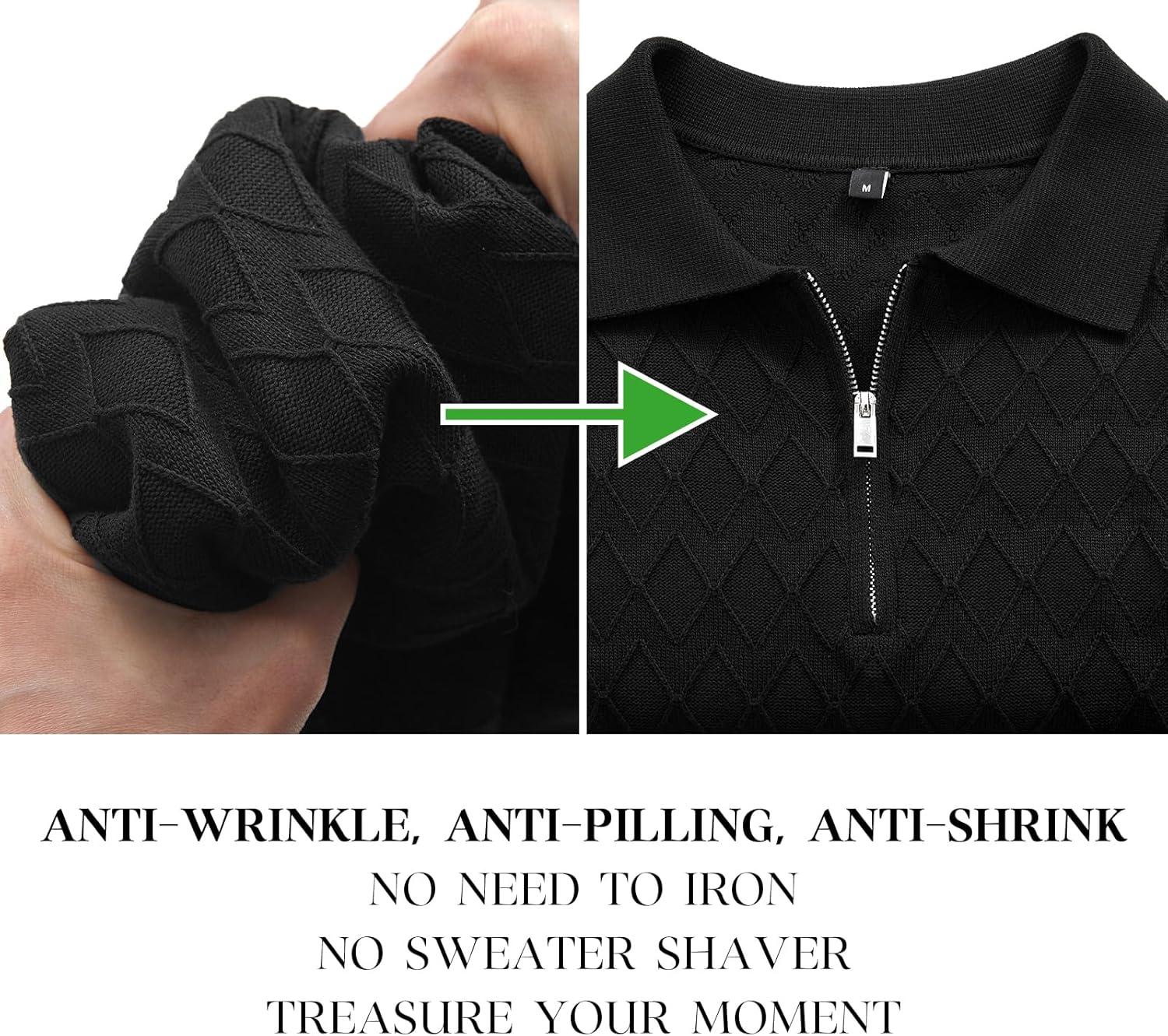 image:imageArachampCloz Mens Zipper Polo 3D Texture Shirts 2025 Spring Summer Fashion Knit Golf Tops Short Sleeve Dress ClothesBlack