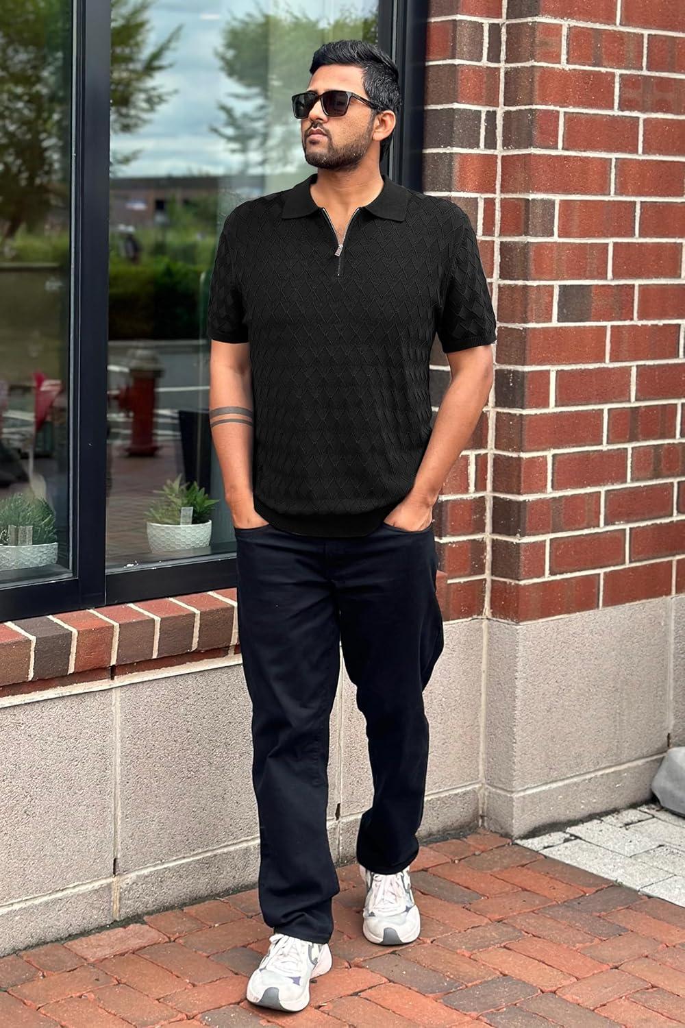 image:imageArachampCloz Mens Zipper Polo 3D Texture Shirts 2025 Spring Summer Fashion Knit Golf Tops Short Sleeve Dress ClothesBlack