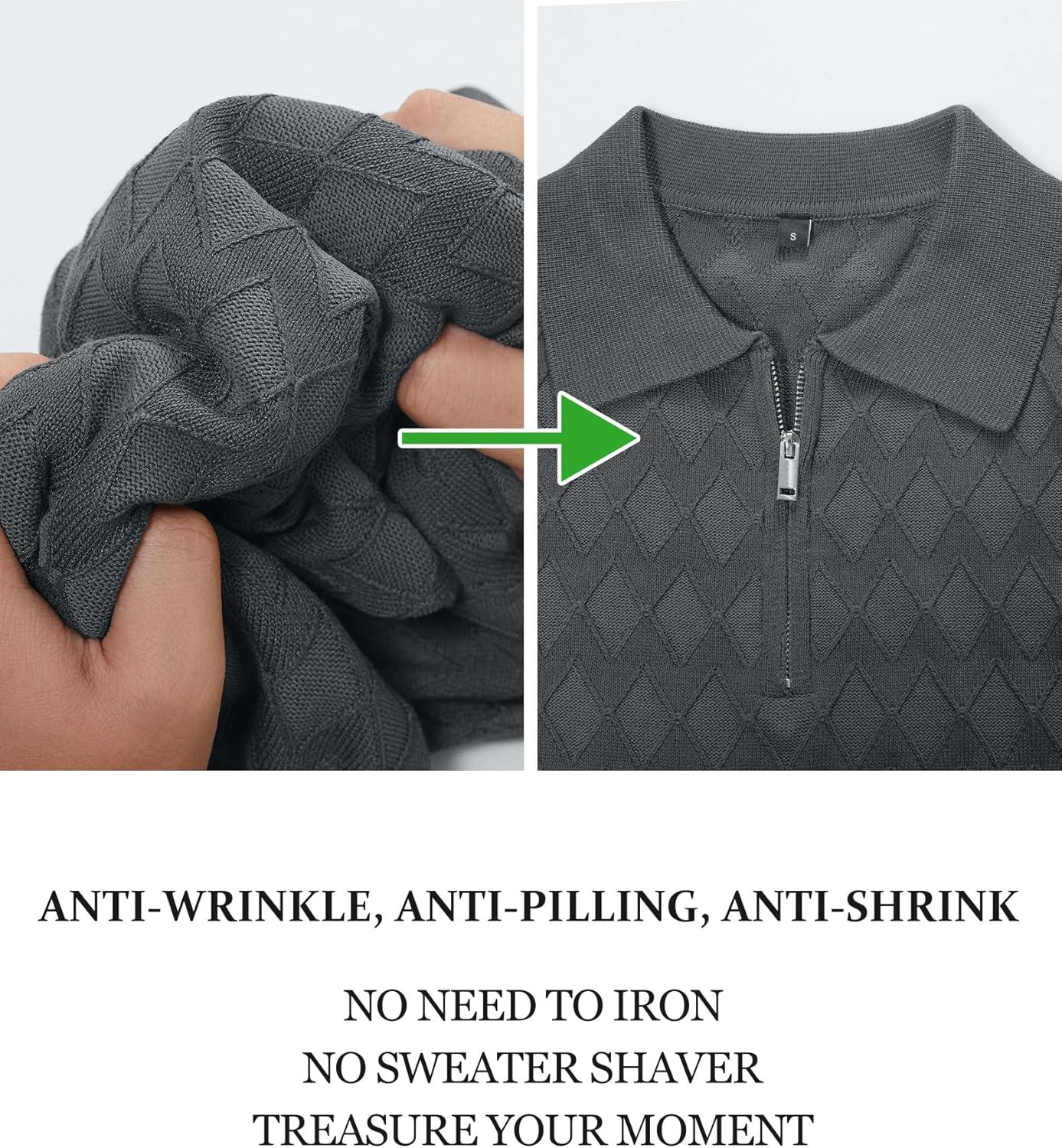image:imageArachampCloz Mens Zipper Polo 3D Texture Shirts 2025 Spring Summer Fashion Knit Golf Tops Short Sleeve Dress ClothesDark Grey
