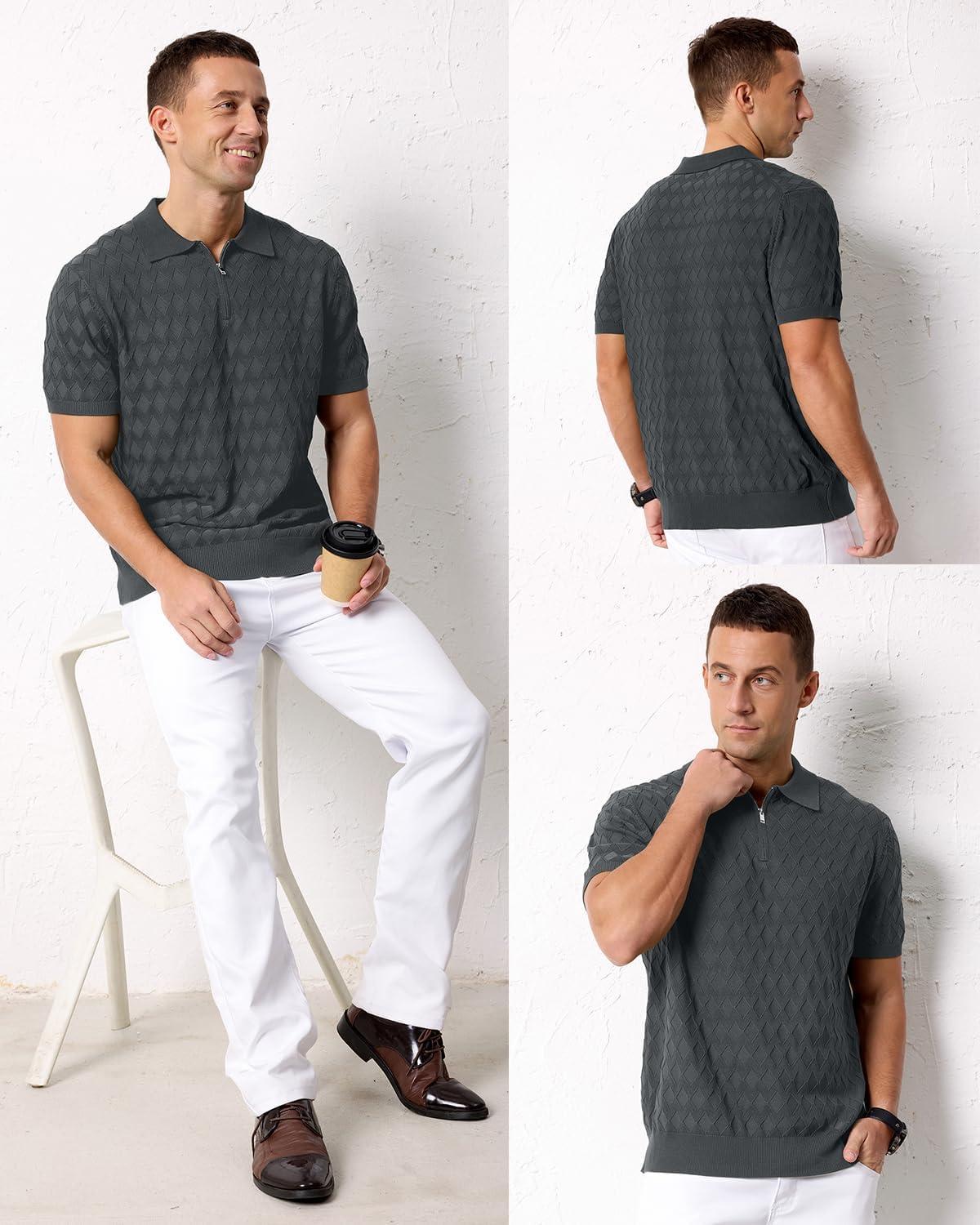image:imageArachampCloz Mens Zipper Polo 3D Texture Shirts 2025 Spring Summer Fashion Knit Golf Tops Short Sleeve Dress ClothesDark Grey