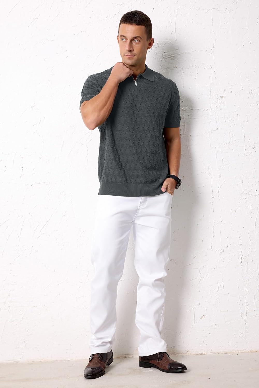 image:imageArachampCloz Mens Zipper Polo 3D Texture Shirts 2025 Spring Summer Fashion Knit Golf Tops Short Sleeve Dress ClothesDark Grey