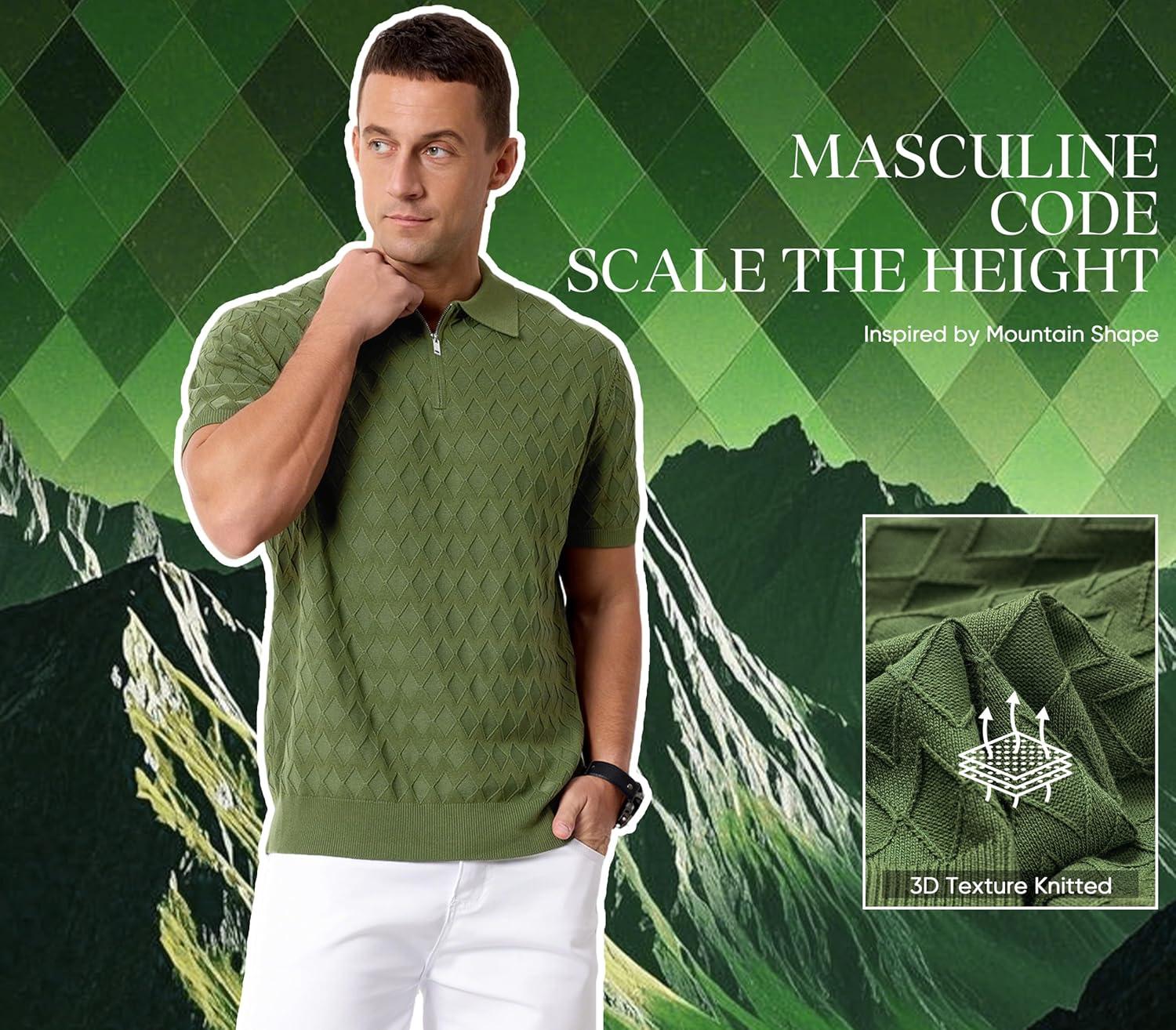 image:imageArachampCloz Mens Zipper Polo 3D Texture Shirts 2025 Spring Summer Fashion Knit Golf Tops Short Sleeve Dress ClothesLucky Green