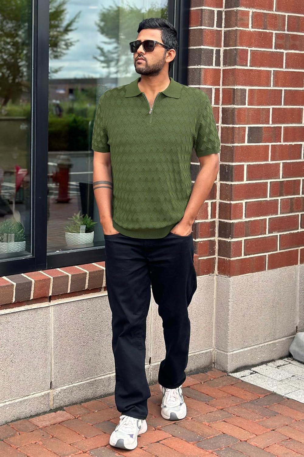 image:imageArachampCloz Mens Zipper Polo 3D Texture Shirts 2025 Spring Summer Fashion Knit Golf Tops Short Sleeve Dress ClothesLucky Green