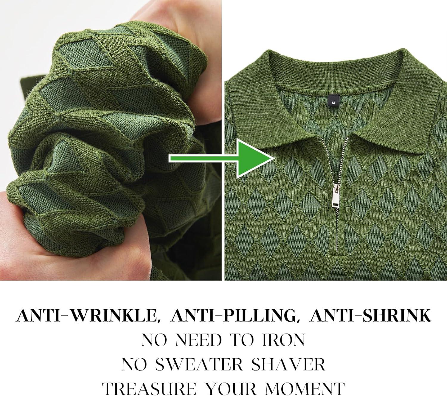 image:imageArachampCloz Mens Zipper Polo 3D Texture Shirts 2025 Spring Summer Fashion Knit Golf Tops Short Sleeve Dress ClothesLucky Green