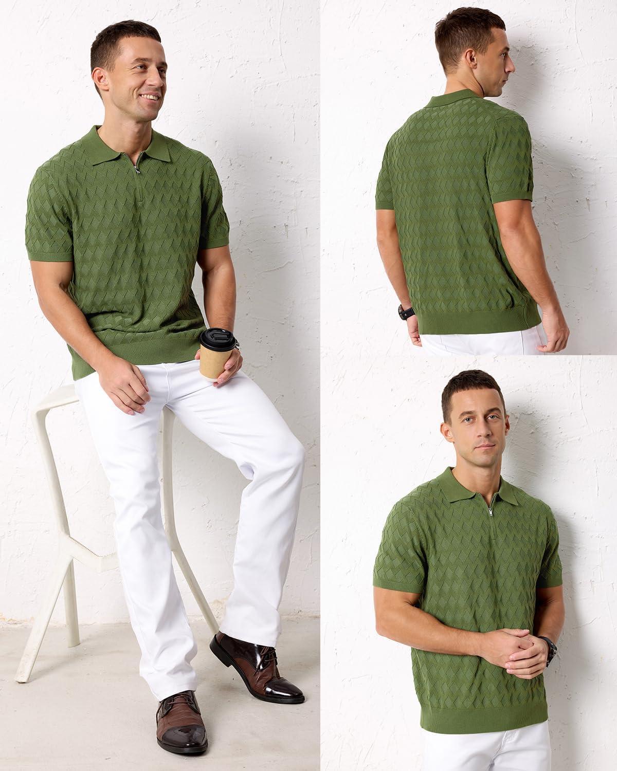 image:imageArachampCloz Mens Zipper Polo 3D Texture Shirts 2025 Spring Summer Fashion Knit Golf Tops Short Sleeve Dress ClothesLucky Green