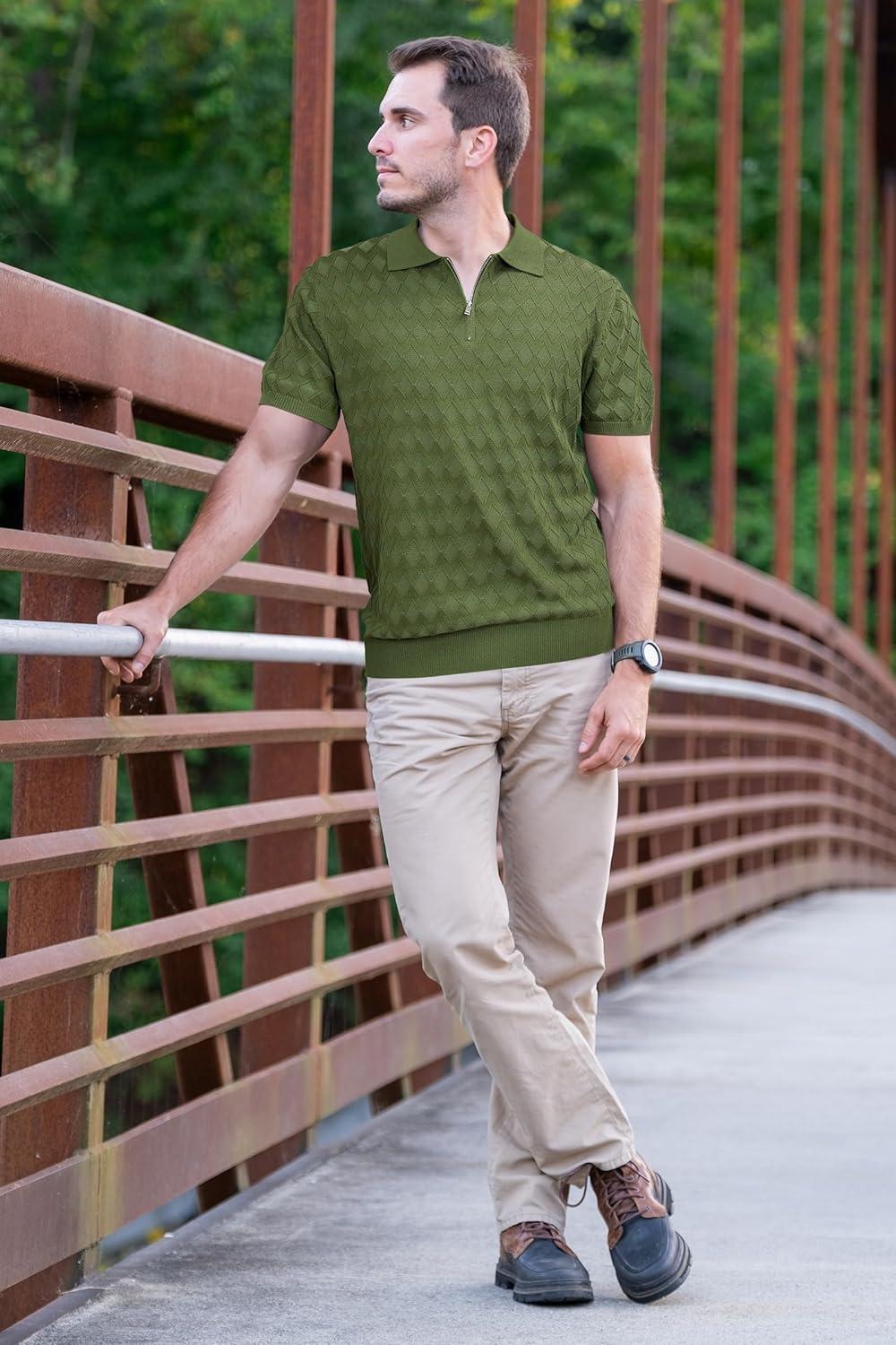 image:imageArachampCloz Mens Zipper Polo 3D Texture Shirts 2025 Spring Summer Fashion Knit Golf Tops Short Sleeve Dress ClothesLucky Green