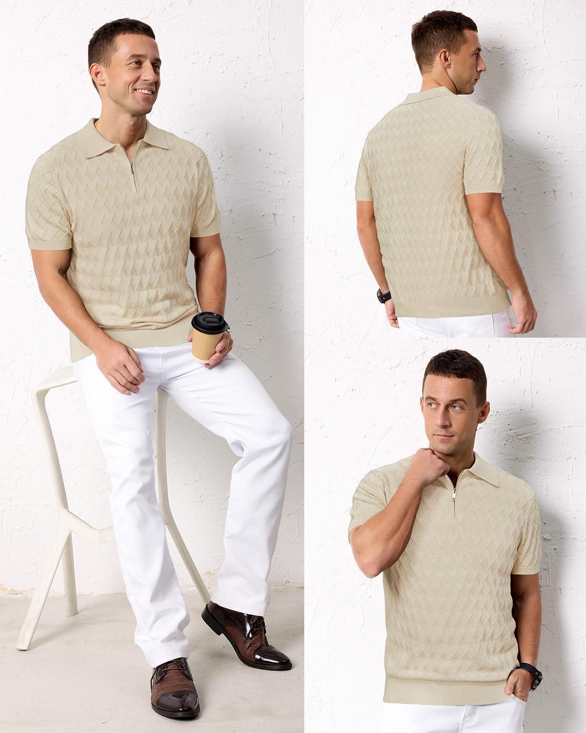 image:imageArachampCloz Mens Zipper Polo 3D Texture Shirts 2025 Spring Summer Fashion Knit Golf Tops Short Sleeve Dress ClothesMuted Apricot