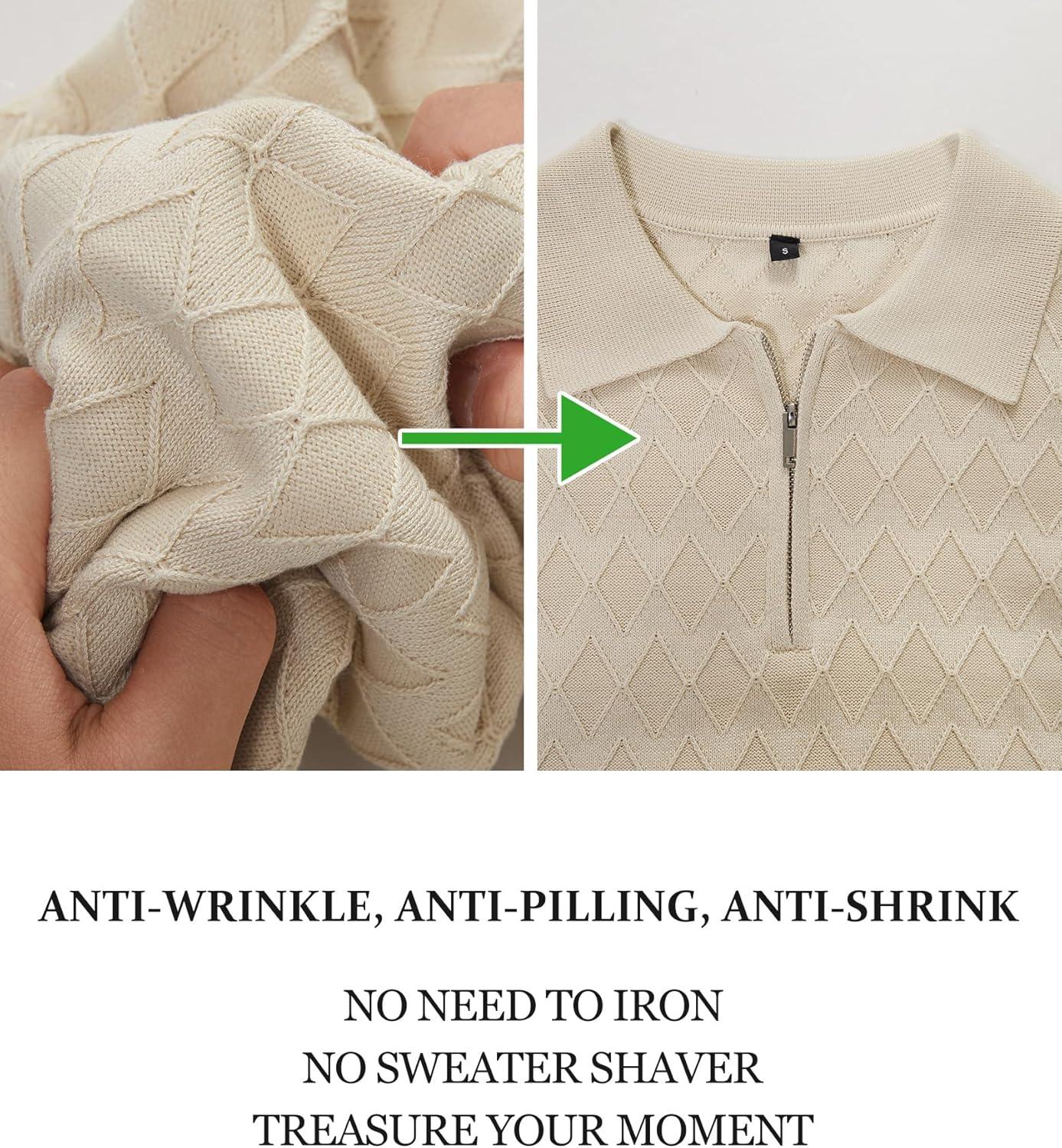 image:imageArachampCloz Mens Zipper Polo 3D Texture Shirts 2025 Spring Summer Fashion Knit Golf Tops Short Sleeve Dress ClothesMuted Apricot