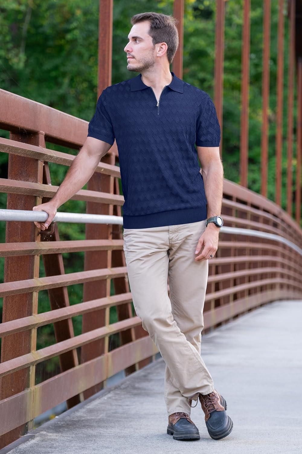 image:imageArachampCloz Mens Zipper Polo 3D Texture Shirts 2025 Spring Summer Fashion Knit Golf Tops Short Sleeve Dress ClothesNavy Blue