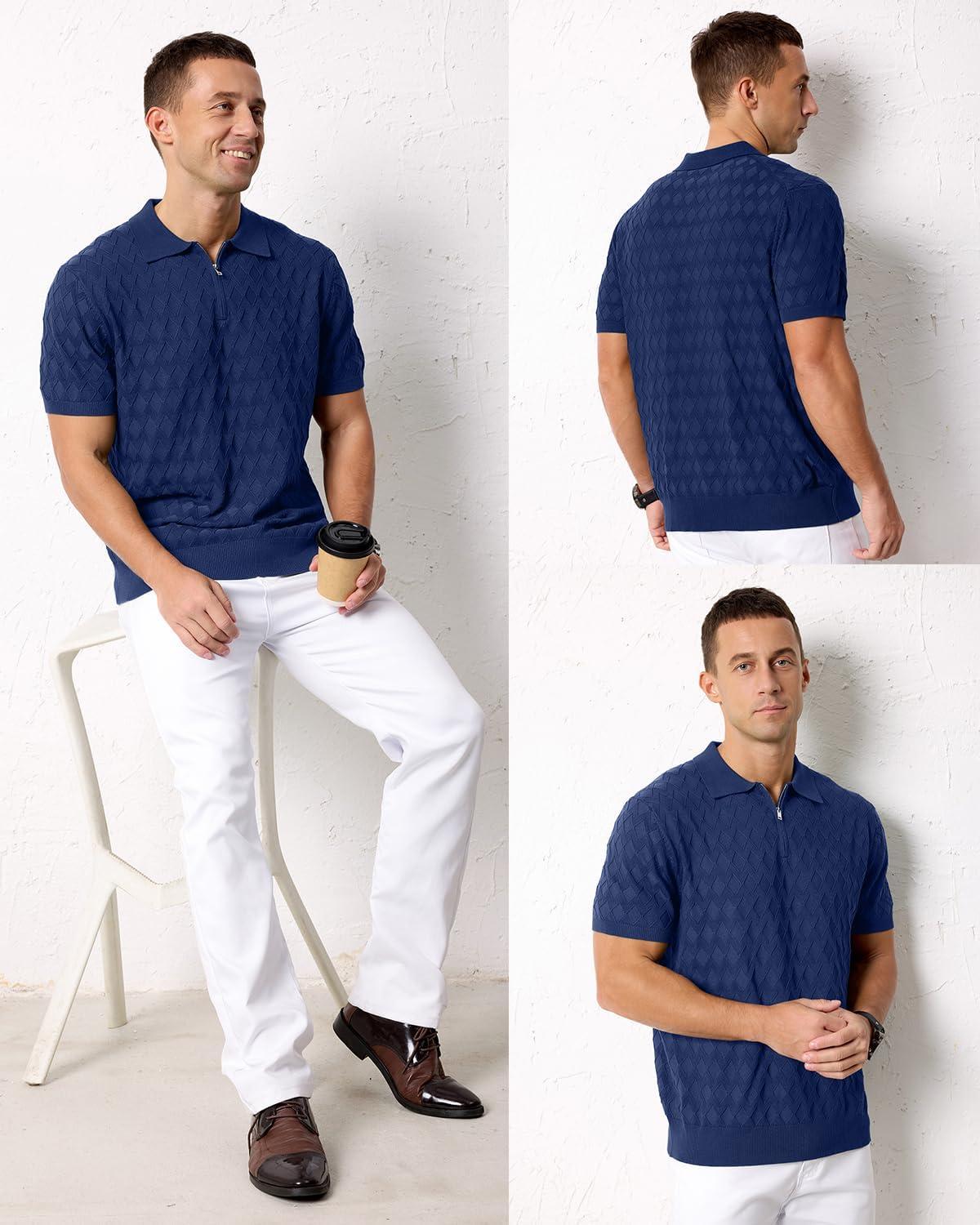 image:imageArachampCloz Mens Zipper Polo 3D Texture Shirts 2025 Spring Summer Fashion Knit Golf Tops Short Sleeve Dress ClothesNavy Blue