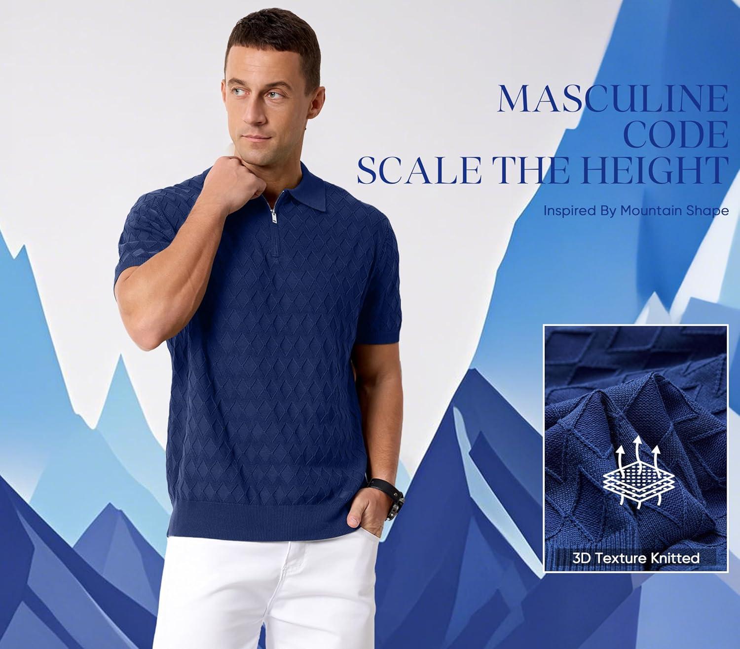 image:imageArachampCloz Mens Zipper Polo 3D Texture Shirts 2025 Spring Summer Fashion Knit Golf Tops Short Sleeve Dress ClothesNavy Blue
