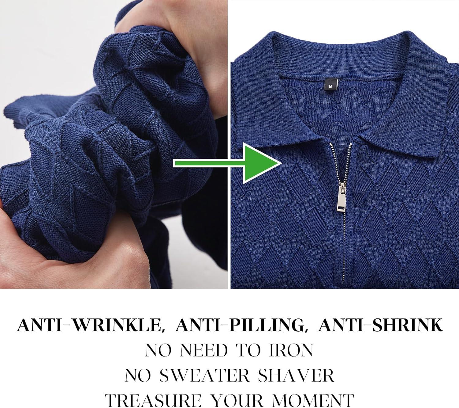 image:imageArachampCloz Mens Zipper Polo 3D Texture Shirts 2025 Spring Summer Fashion Knit Golf Tops Short Sleeve Dress ClothesNavy Blue