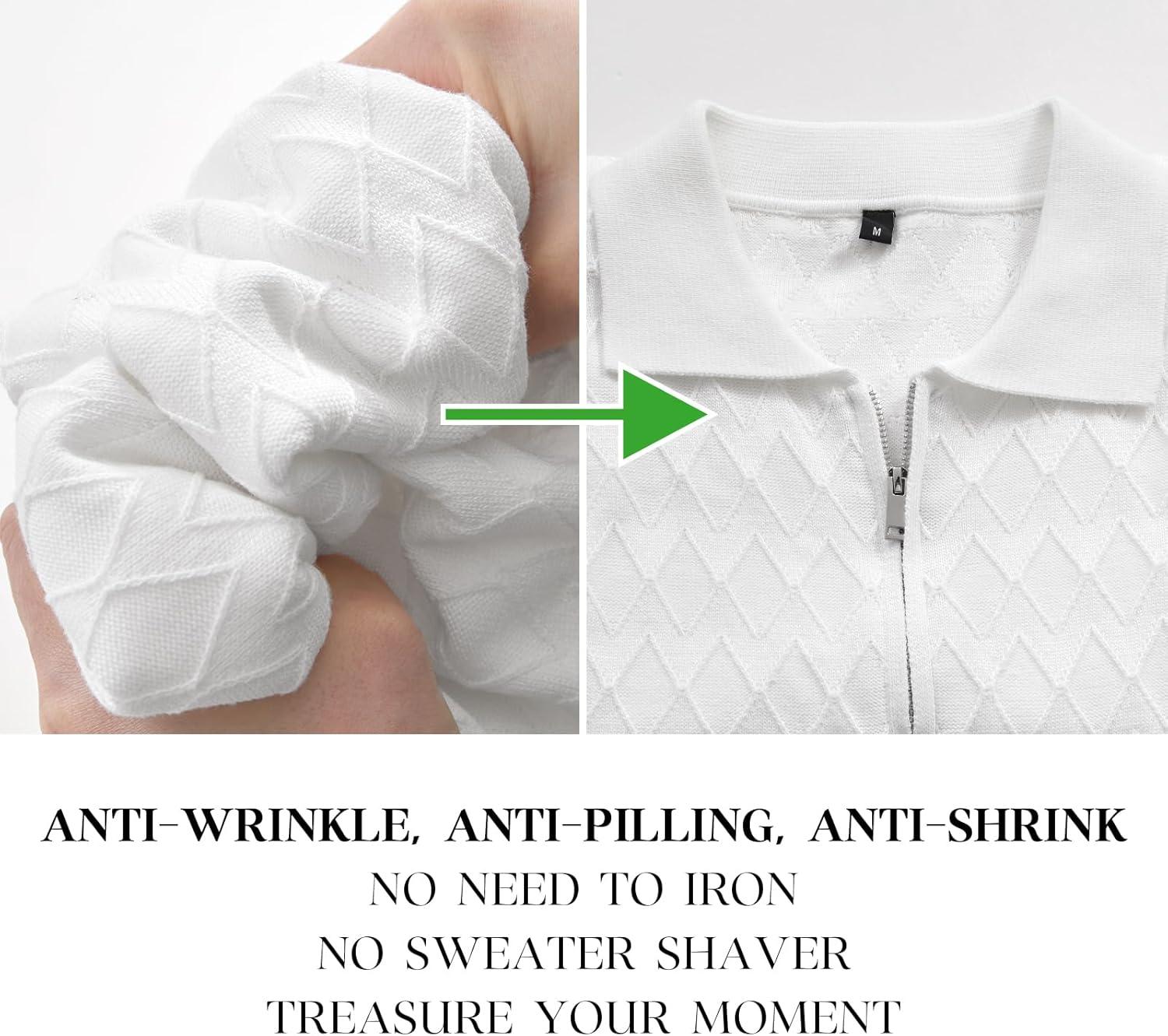 image:imageArachampCloz Mens Zipper Polo 3D Texture Shirts 2025 Spring Summer Fashion Knit Golf Tops Short Sleeve Dress ClothesWhite