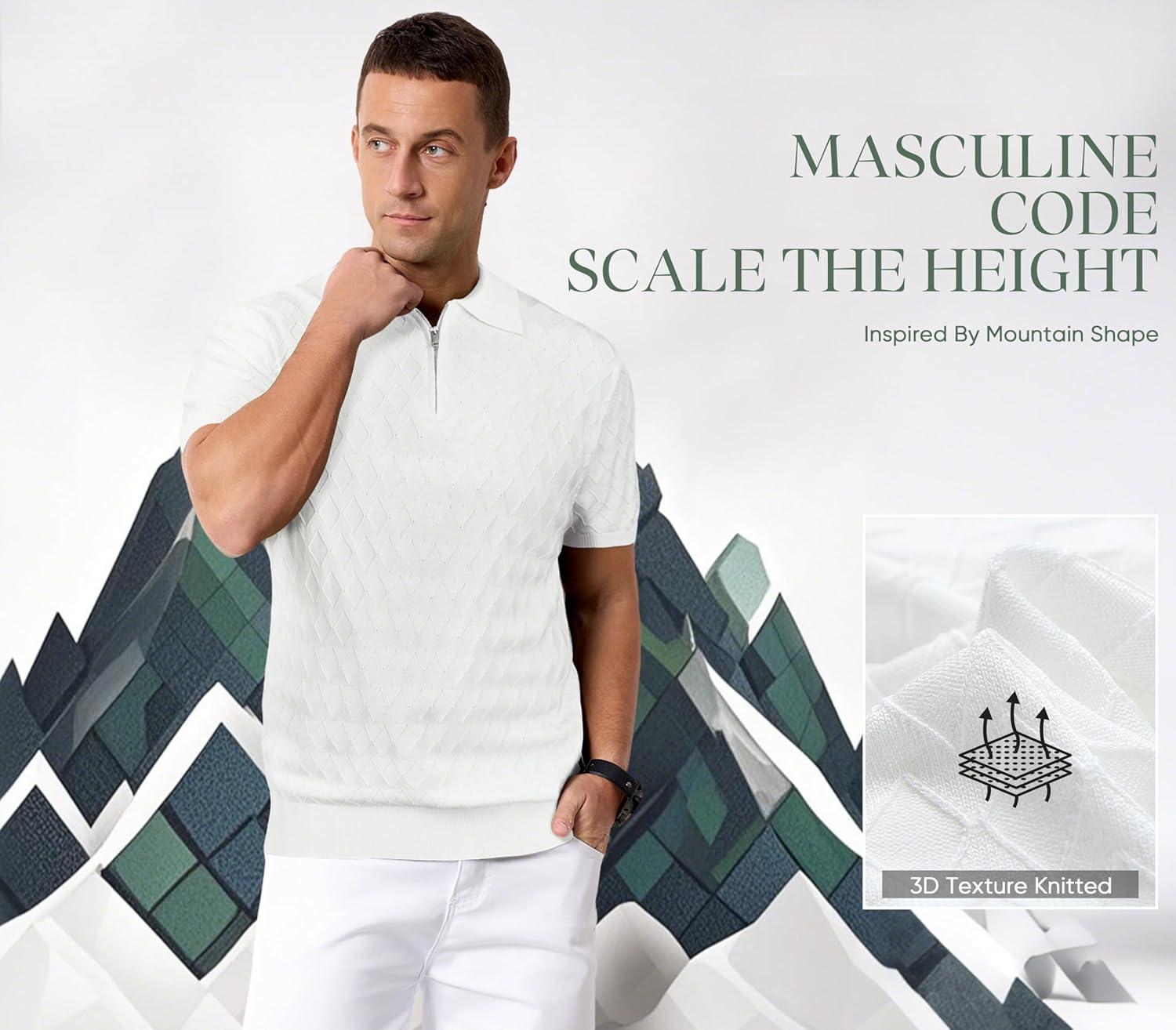 image:imageArachampCloz Mens Zipper Polo 3D Texture Shirts 2025 Spring Summer Fashion Knit Golf Tops Short Sleeve Dress ClothesWhite