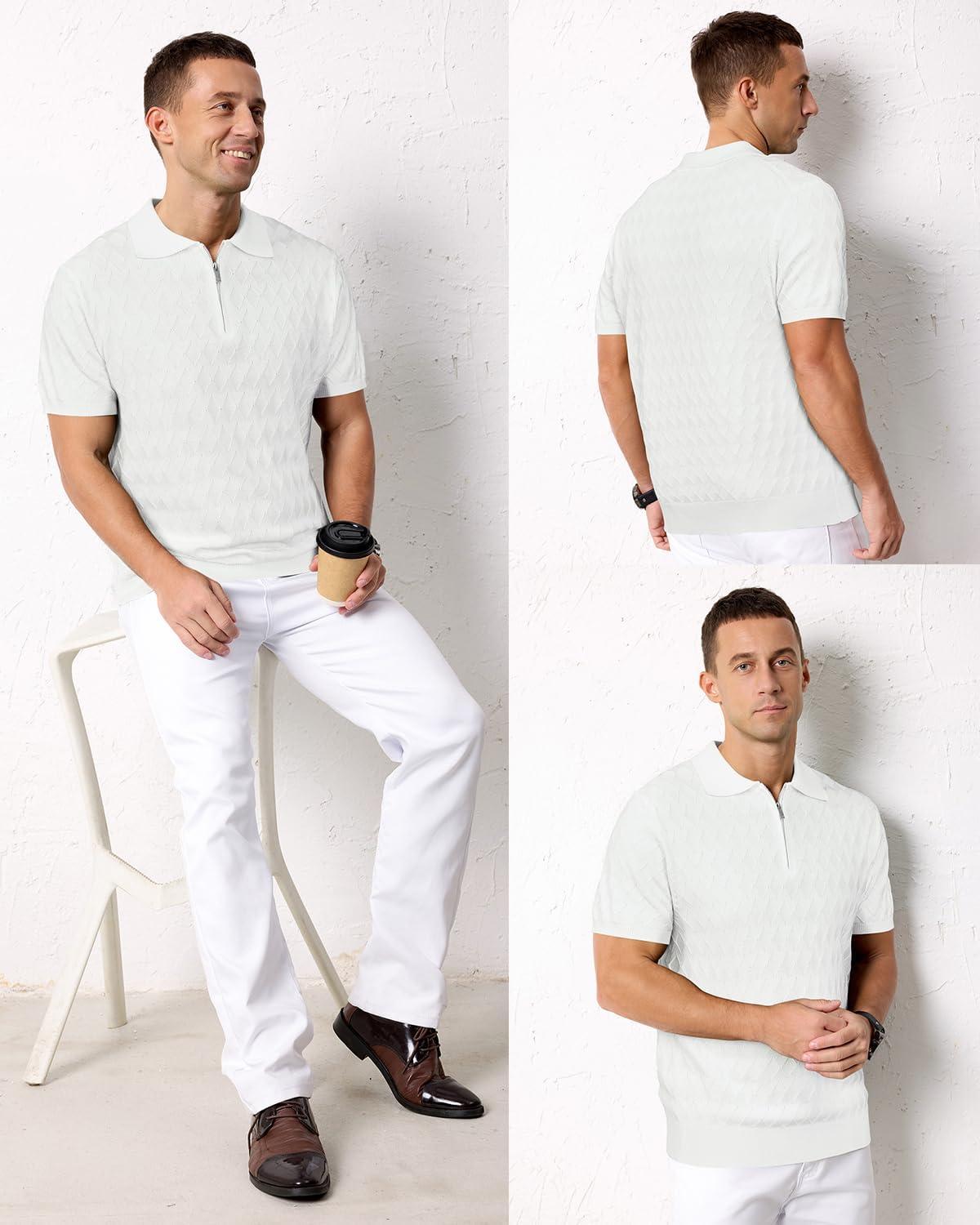 image:imageArachampCloz Mens Zipper Polo 3D Texture Shirts 2025 Spring Summer Fashion Knit Golf Tops Short Sleeve Dress ClothesWhite