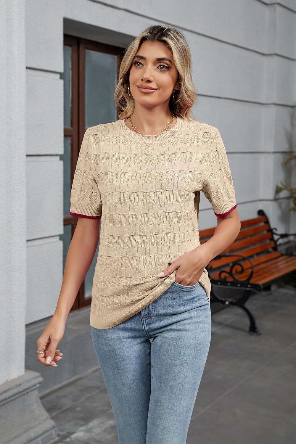 image:imageArachampCloz Womens Lightweight Blouse Short Sleeve Crew Neck Sweaters Business Casual Tops Spring Summer Outfits 2026Apricot and Dark Red