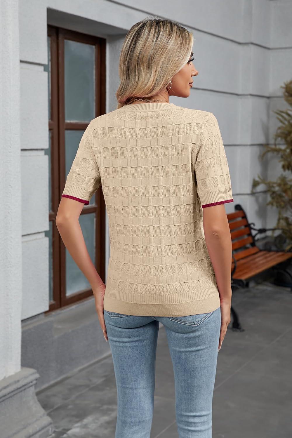image:imageArachampCloz Womens Lightweight Blouse Short Sleeve Crew Neck Sweaters Business Casual Tops Spring Summer Outfits 2026Apricot and Dark Red