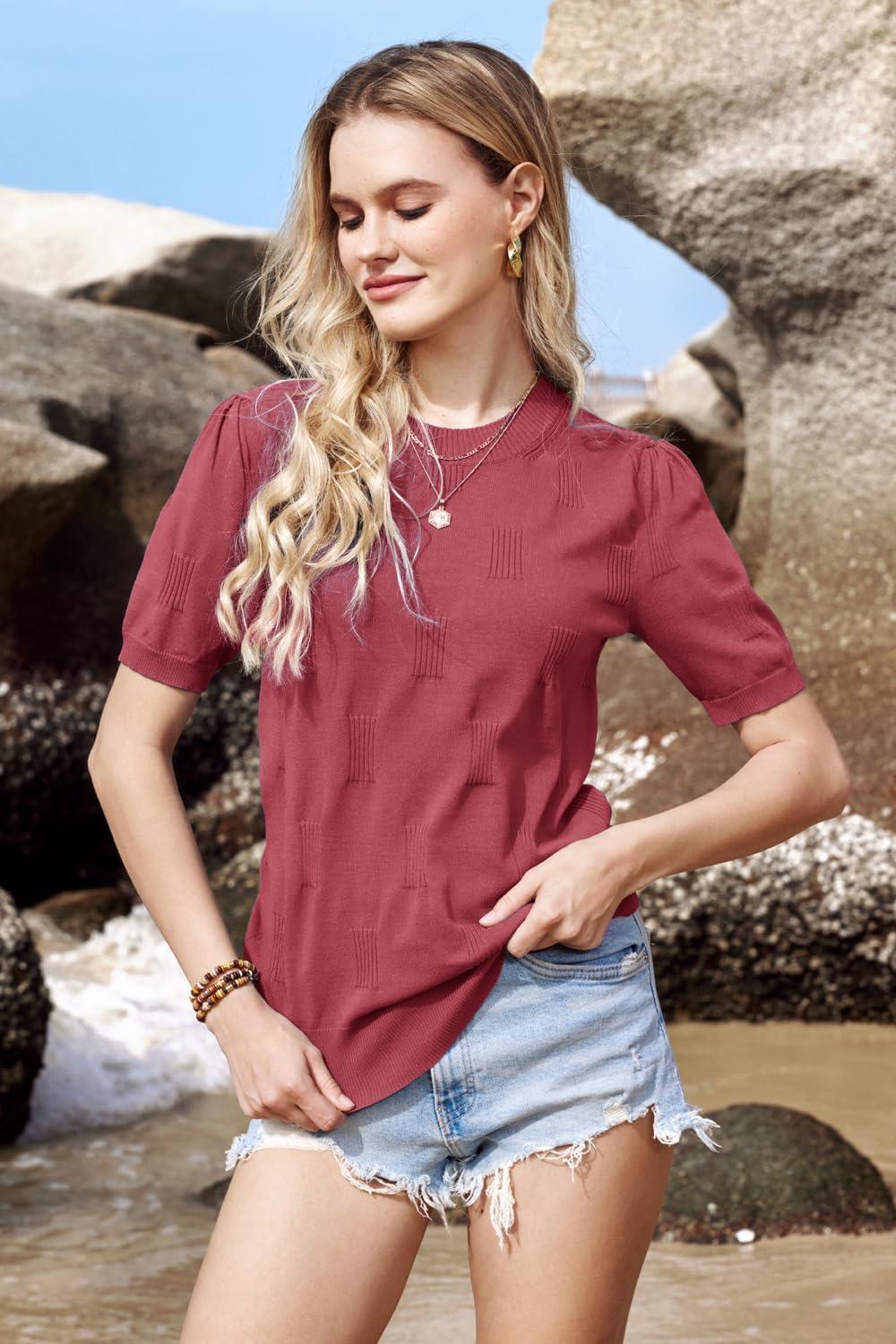 image:imageArachampCloz Womens Lightweight Blouse Short Sleeve Crew Neck Sweaters Business Casual Tops Spring Summer Outfits 2026Dusty Red
