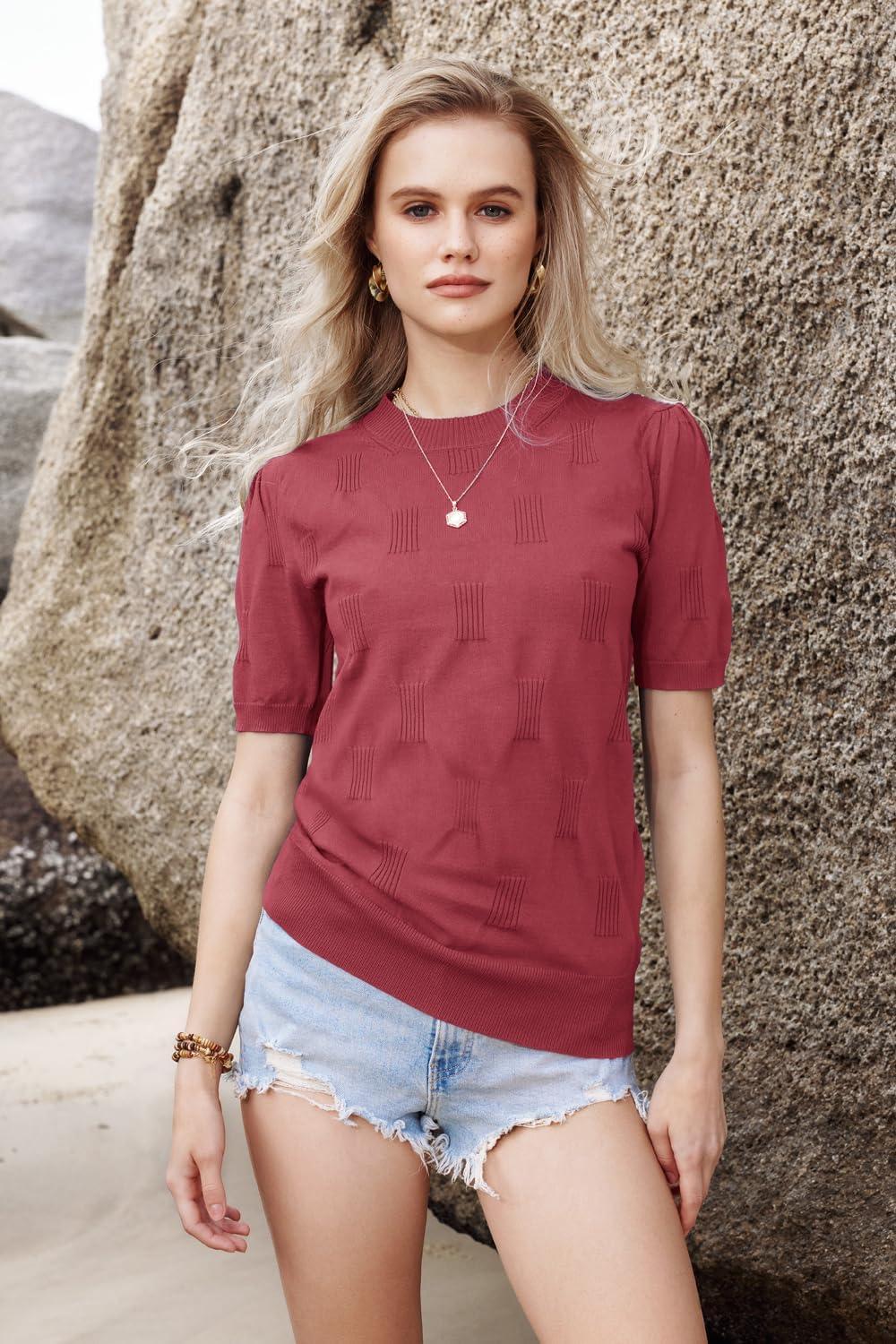 image:imageArachampCloz Womens Lightweight Blouse Short Sleeve Crew Neck Sweaters Business Casual Tops Spring Summer Outfits 2026Dusty Red