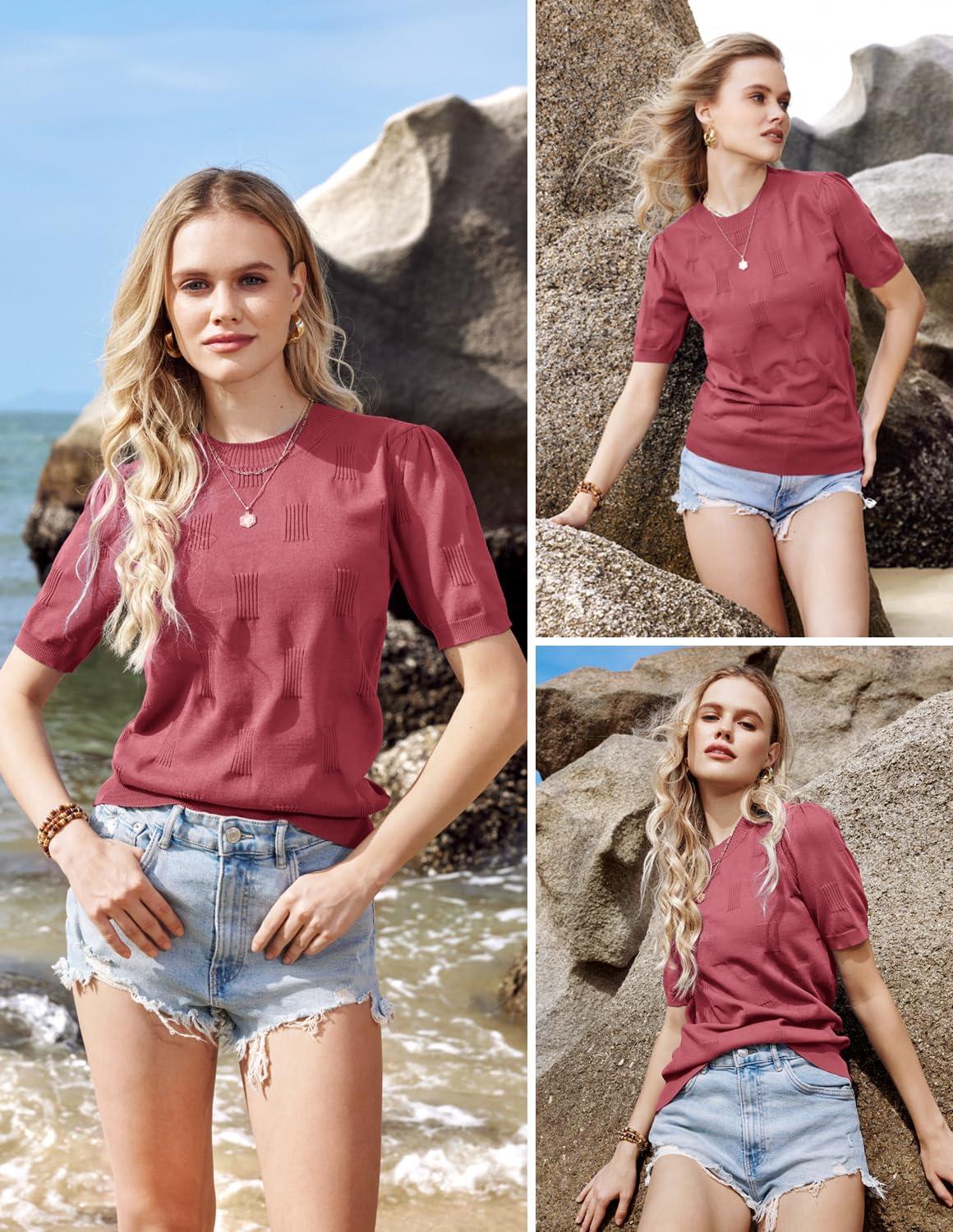 image:imageArachampCloz Womens Lightweight Blouse Short Sleeve Crew Neck Sweaters Business Casual Tops Spring Summer Outfits 2026Dusty Red