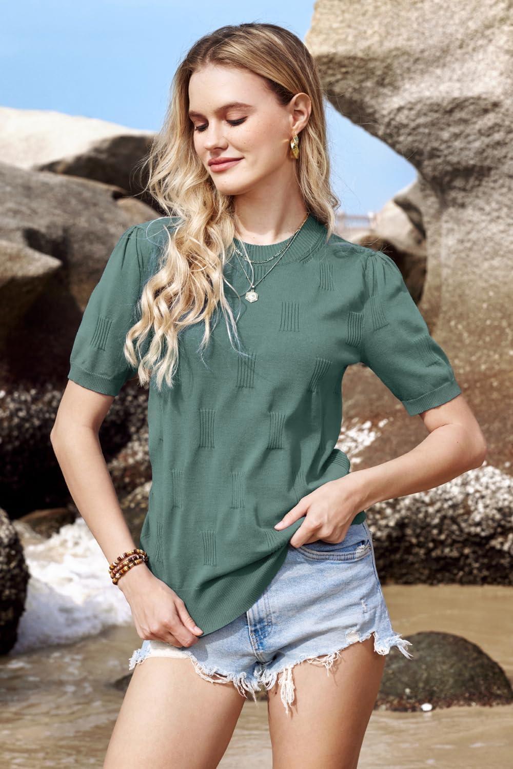 image:imageArachampCloz Womens Lightweight Blouse Short Sleeve Crew Neck Sweaters Business Casual Tops Spring Summer Outfits 2026Grey Green