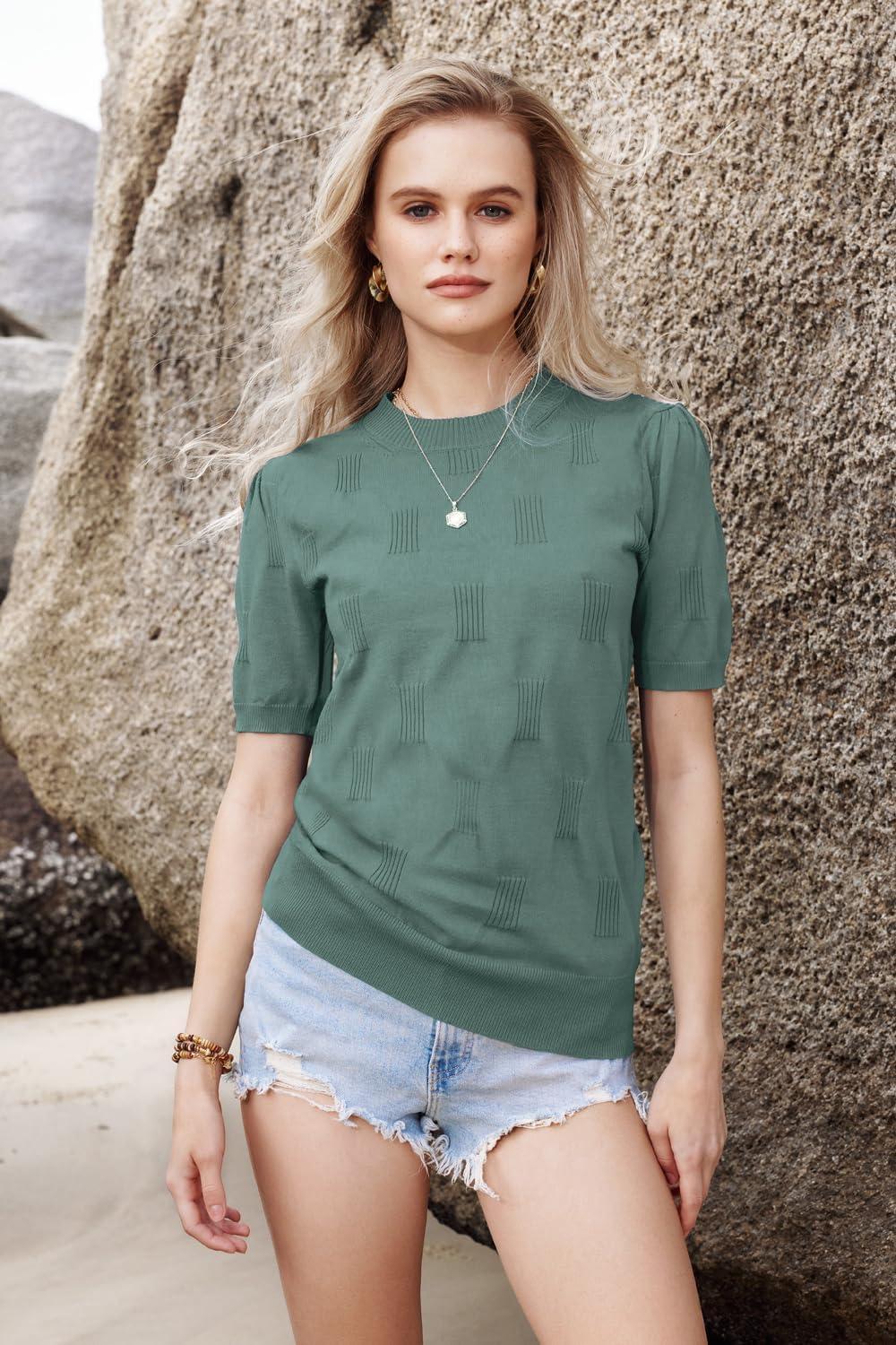 image:imageArachampCloz Womens Lightweight Blouse Short Sleeve Crew Neck Sweaters Business Casual Tops Spring Summer Outfits 2026Grey Green