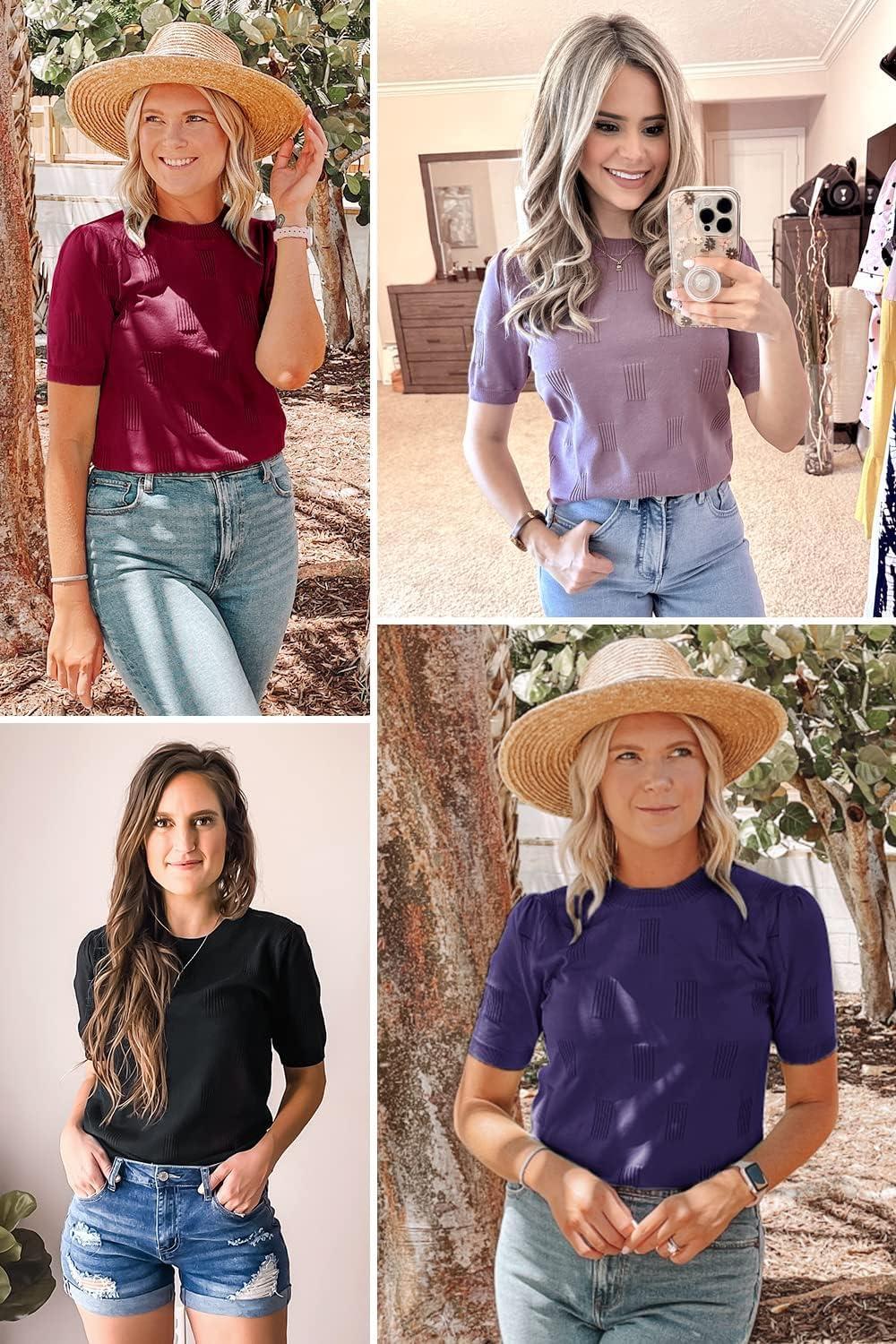 image:imageArachampCloz Womens Lightweight Blouse Short Sleeve Crew Neck Sweaters Business Casual Tops Spring Summer Outfits 2026Grey Purple