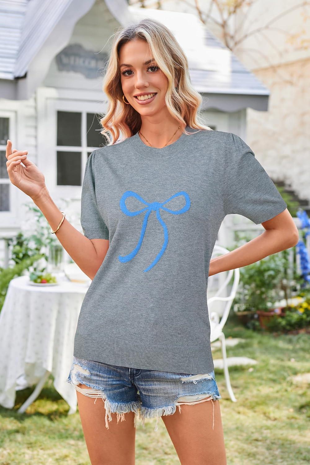 image:imageArachampCloz Womens Lightweight Blouse Short Sleeve Crew Neck Sweaters Business Casual Tops Spring Summer Outfits 2026Greyblue