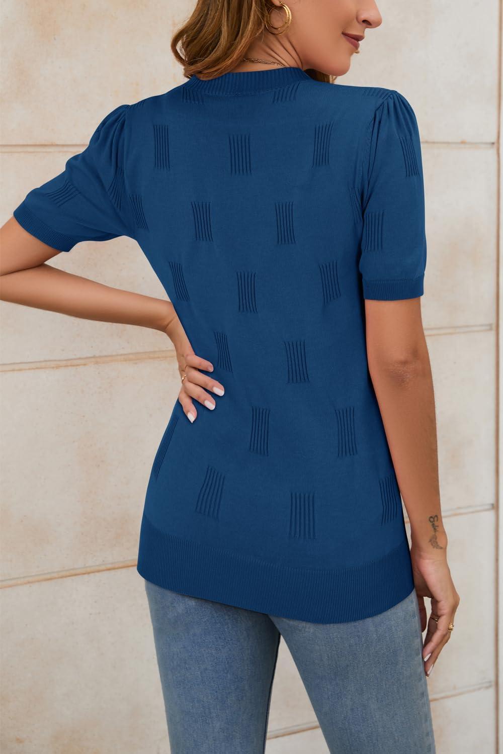 image:imageArachampCloz Womens Lightweight Blouse Short Sleeve Crew Neck Sweaters Business Casual Tops Spring Summer Outfits 2026Lake Blue