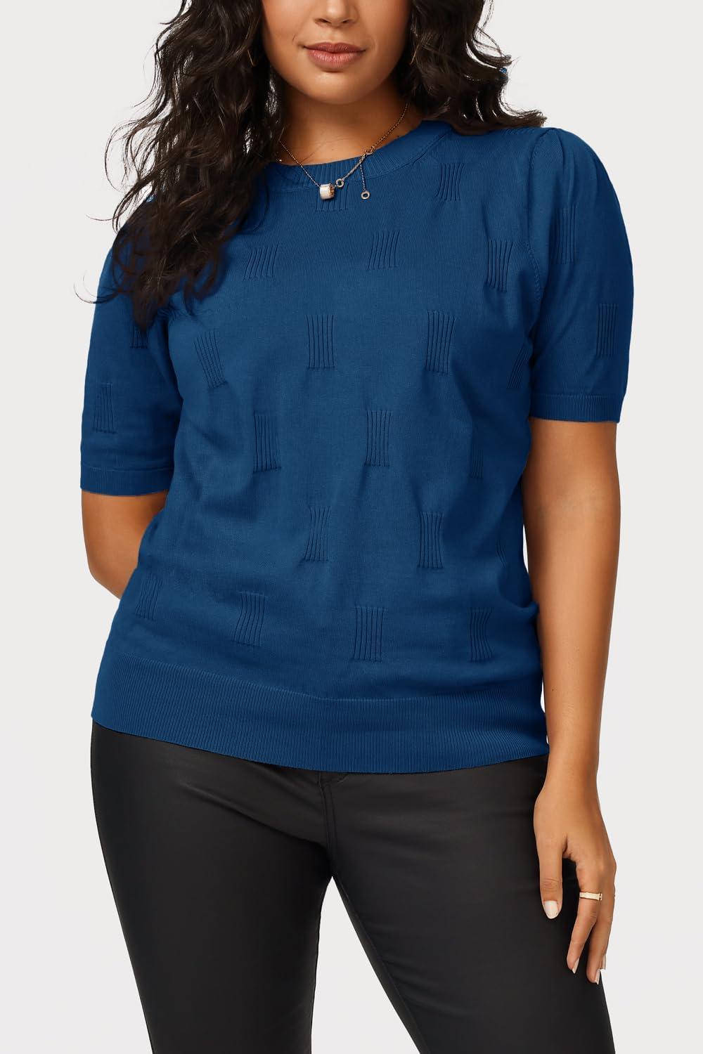 image:imageArachampCloz Womens Lightweight Blouse Short Sleeve Crew Neck Sweaters Business Casual Tops Spring Summer Outfits 2026Lake Blue