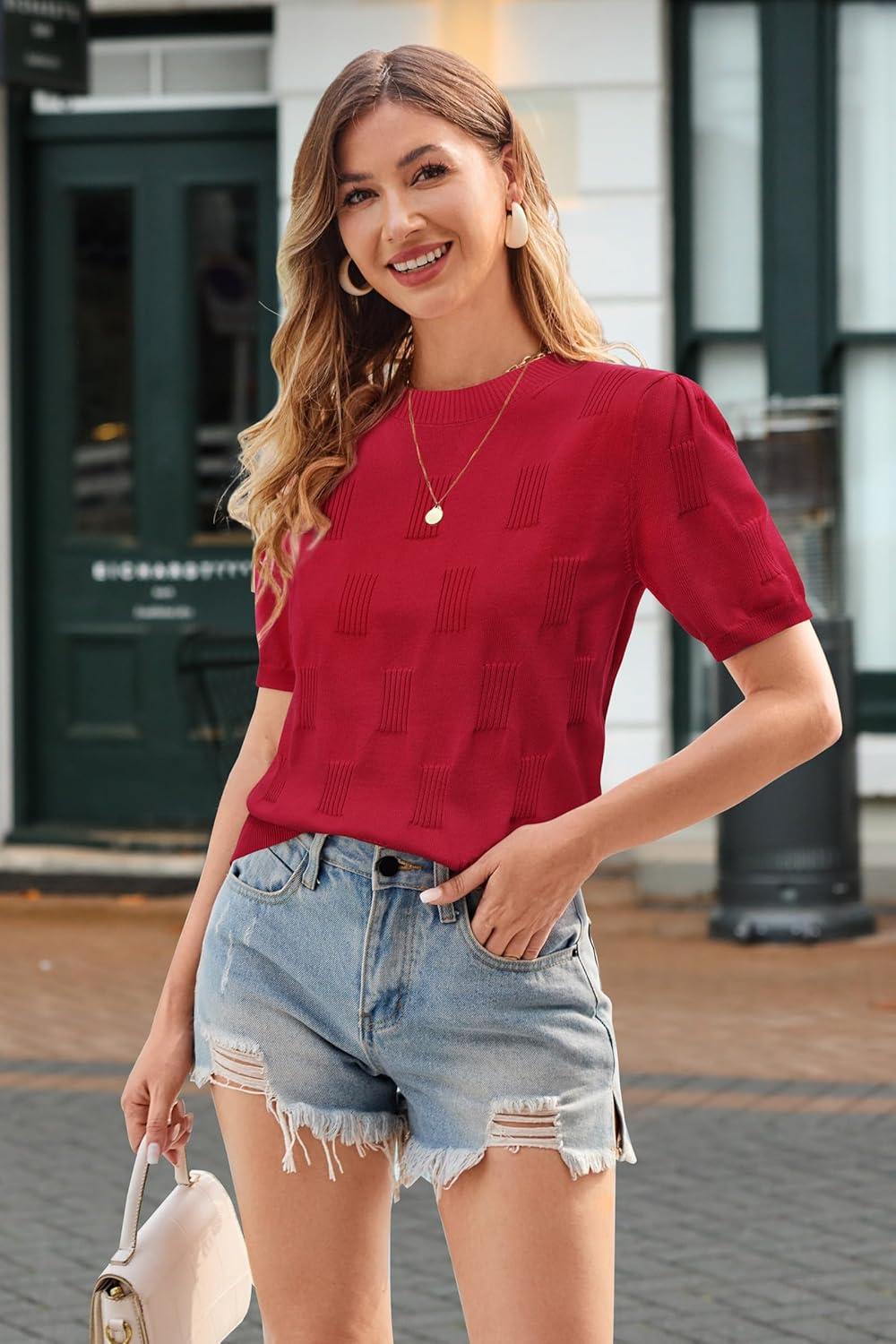 image:imageArachampCloz Womens Lightweight Blouse Short Sleeve Crew Neck Sweaters Business Casual Tops Spring Summer Outfits 2026Red